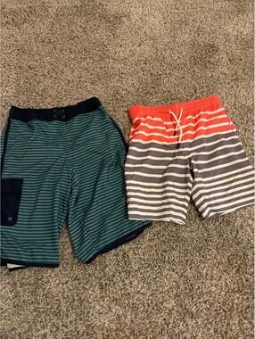Cat & Jack Navy Green & Maagic Coral Striped Swim Shorts XL 14/16